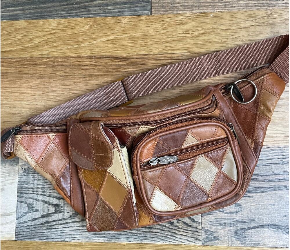 Tinder Vintage Leather Patchwork Fanny Pack Brown Multi Pocket Waist Bag